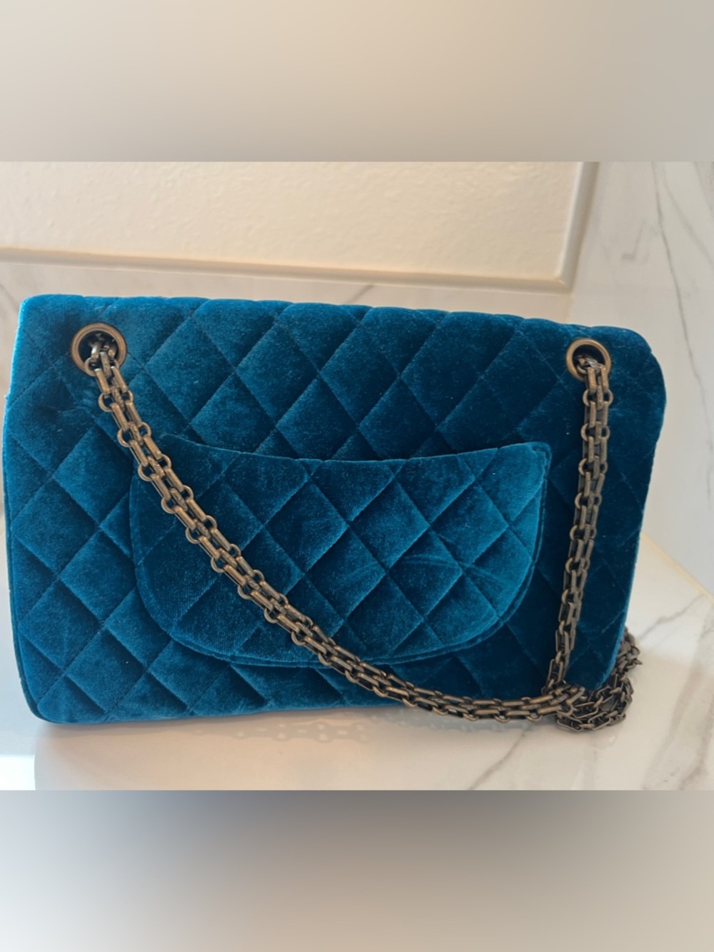 Blue velvet handbag